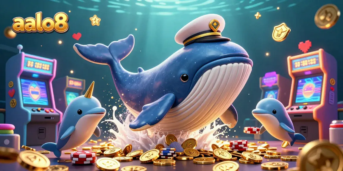 Aalo8 gameplay comes alive with a massive whale and playful dolphins amidst casino coins and arcade elements.