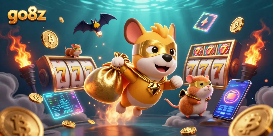 Experience the thrill of gaming with go8z, as a superhero dog delivers gold coins amidst vibrant casino elements.