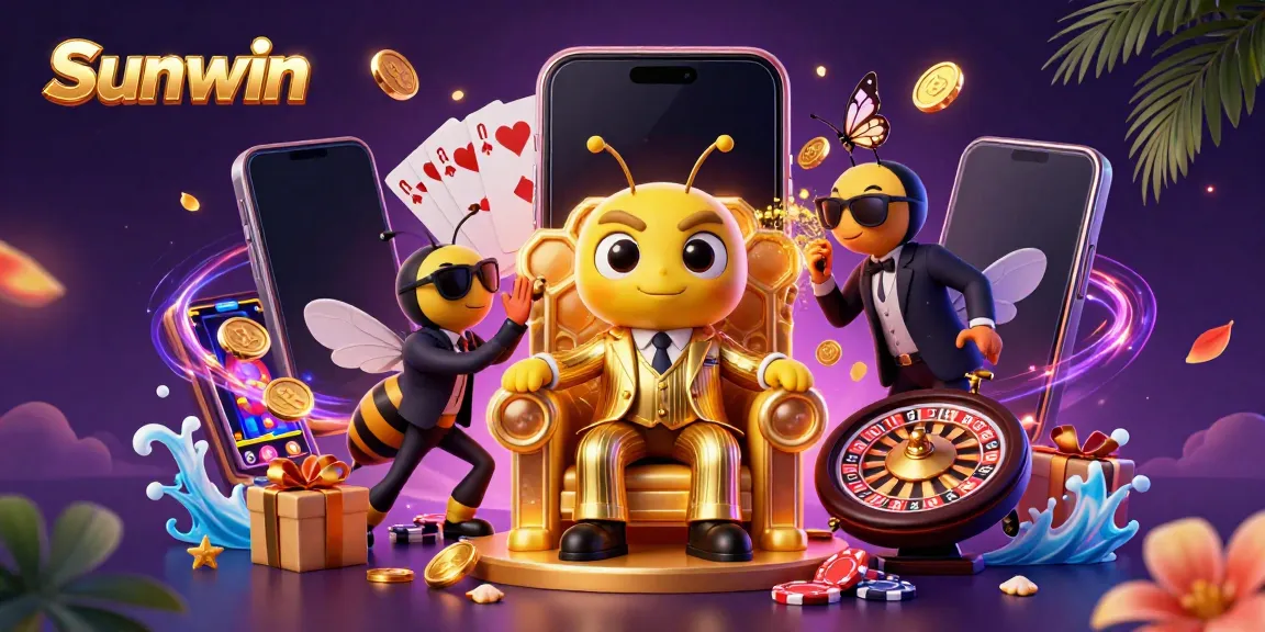 Engage with Sunwin's vibrant slot games illustrated in a dynamic 3D scene featuring a charming mob boss and stunning visuals.