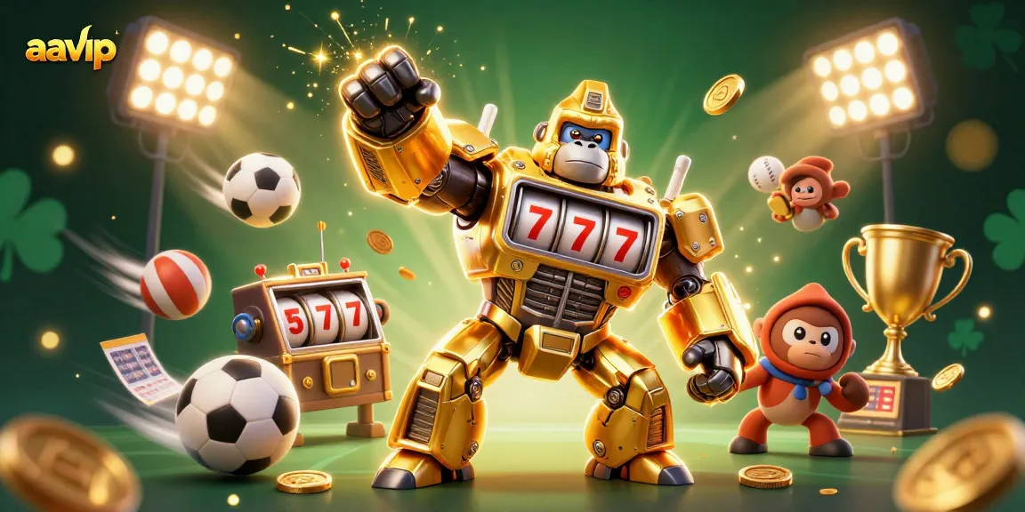 Aavip's golden gorilla mech triumphantly displays slots while coins rain down, embodying online gambling excitement.