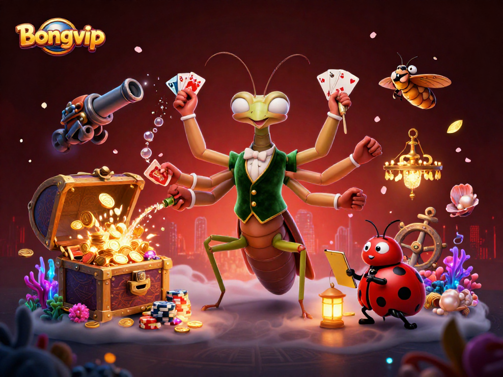 Bongvip offers thrilling casino experiences with a giant mantis dealer and vibrant game elements.