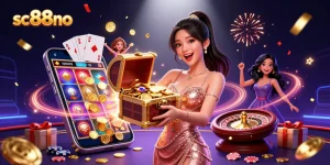 Spin and win exciting treasures at sc88no with dazzling jackpot illustrations and vibrant gaming elements.