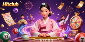 Experience thrilling wins at Hitclub with vibrant lottery elements and a serene Asian character.
