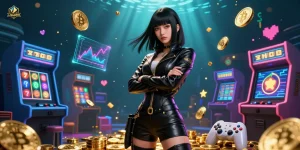 Aksi slot LIGA2000 dengan karakter 3D yang hidup dan elemen yang merayakan permainan kasino online.