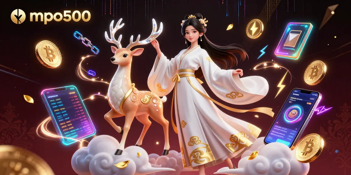 Join the excitement with mpo500 as a stunning woman in a modern hanfu floats among vibrant crypto coins and game elements.