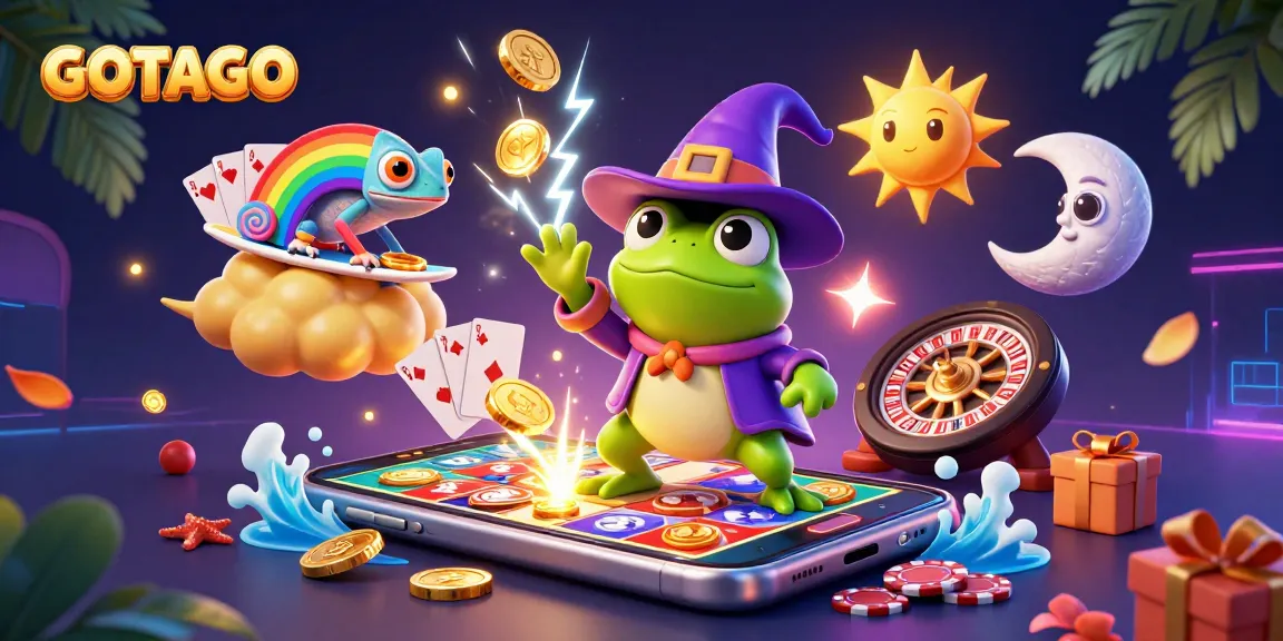 Berinteraksi dengan slot GOTOTO yang berwarna-warni dengan koin emas, chameleon pelangi, dan elemen permainan.
