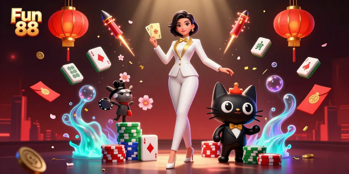 Experience Fun 88 with a glamorous dealer shuffling cards in a vibrant casino scene.