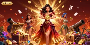 Experience the vibrant world of online gambling with rr88csn's stunning 3D illustration showcasing a golden coin and gems.