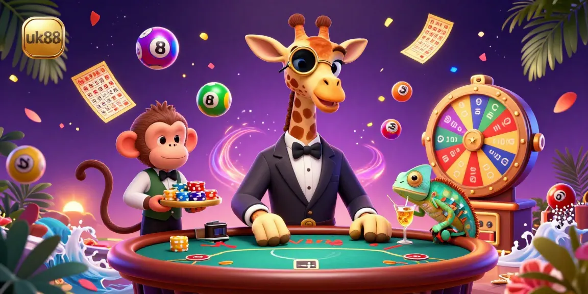 Engage in exciting uk88 betting with a vibrant casino scene featuring a high-roller giraffe and lucky elements.