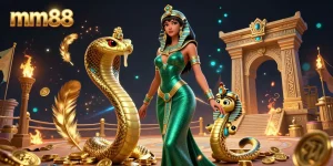 Experience mm88’s thrilling action with an alluring woman and a golden cobra amidst a vibrant casino setting.