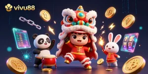Experience the vibrant fun of vivu88 casino gaming with animated characters celebrating, highlighting exciting slot features.