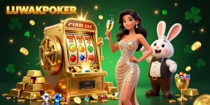 Experience the thrill of winning at LUWAKPOKER with vibrant slot machines and joyful characters.