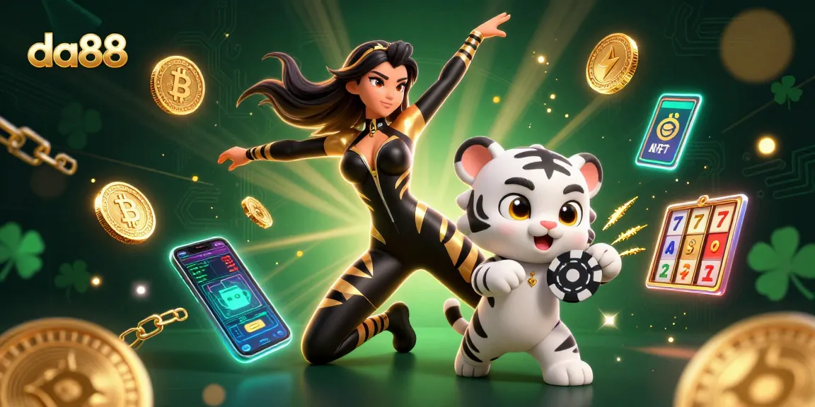 Play winning slots at da88 with a stunning acrobat and a playful tiger surrounded by digital crypto elements.