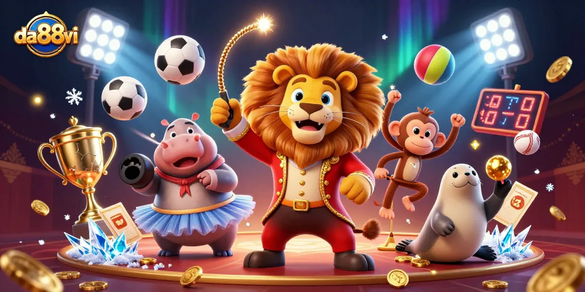 Join the excitement at da88vi with a vibrant circus-themed casino experience, featuring animated characters and gaming elements.