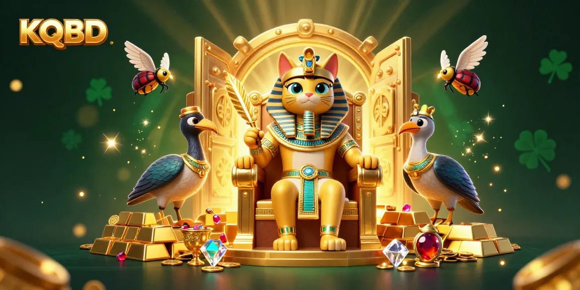 Engage with real-time football results on KQBD while a golden pharaoh cat surveys treasures and glimmering gems.