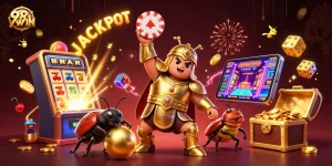 Experience 98WIN's thrilling jackpot scene with vibrant characters and dynamic casino games.