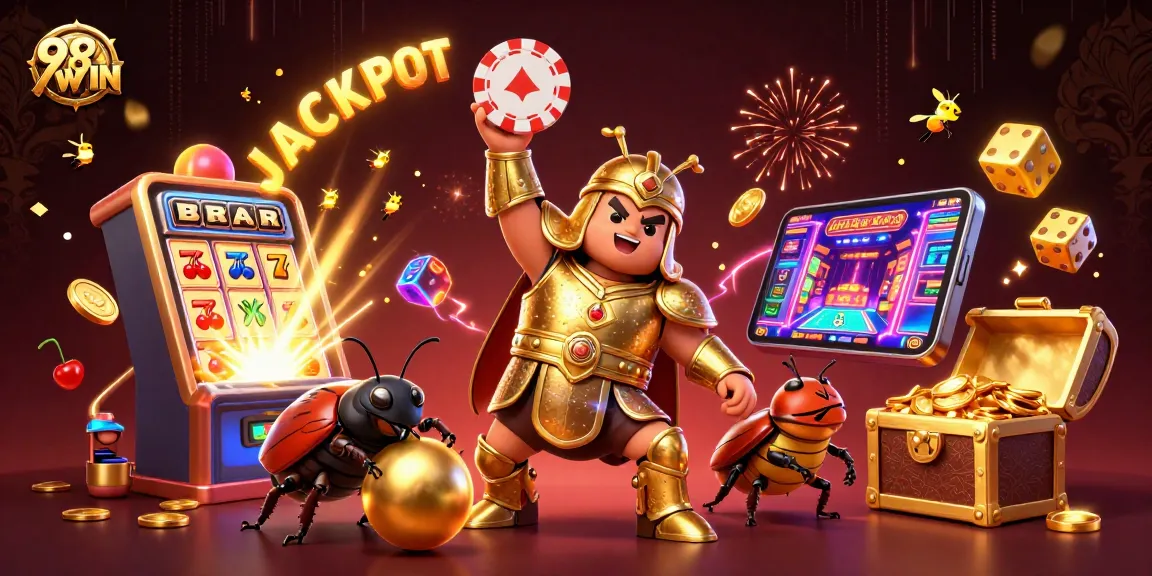 Experience 98WIN's thrilling jackpot scene with vibrant characters and dynamic casino games.