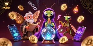 Bet on FABET's vibrant casino scene with mystical fortune tellers and digital currency elements.