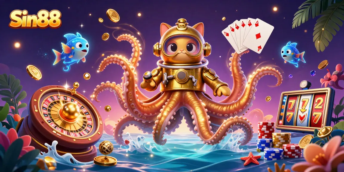 Experience the thrill at Sin88 with golden treasures, a kraken, and live casino action.