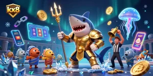 Engage with kx8's thrilling underwater casino adventure featuring a tiger shark and vibrant gaming elements.