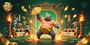 Tải Rik Vip - Experience exhilarating victories with a dynamic 3D casino-themed illustration featuring a fierce rhino beetle champion.
