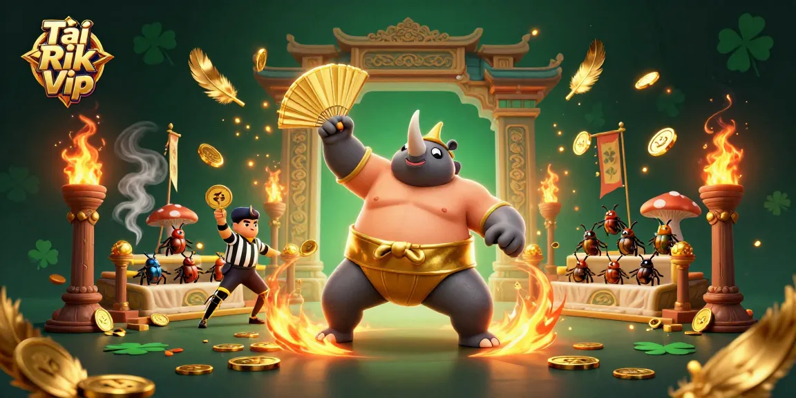 Tải Rik Vip - Experience exhilarating victories with a dynamic 3D casino-themed illustration featuring a fierce rhino beetle champion.