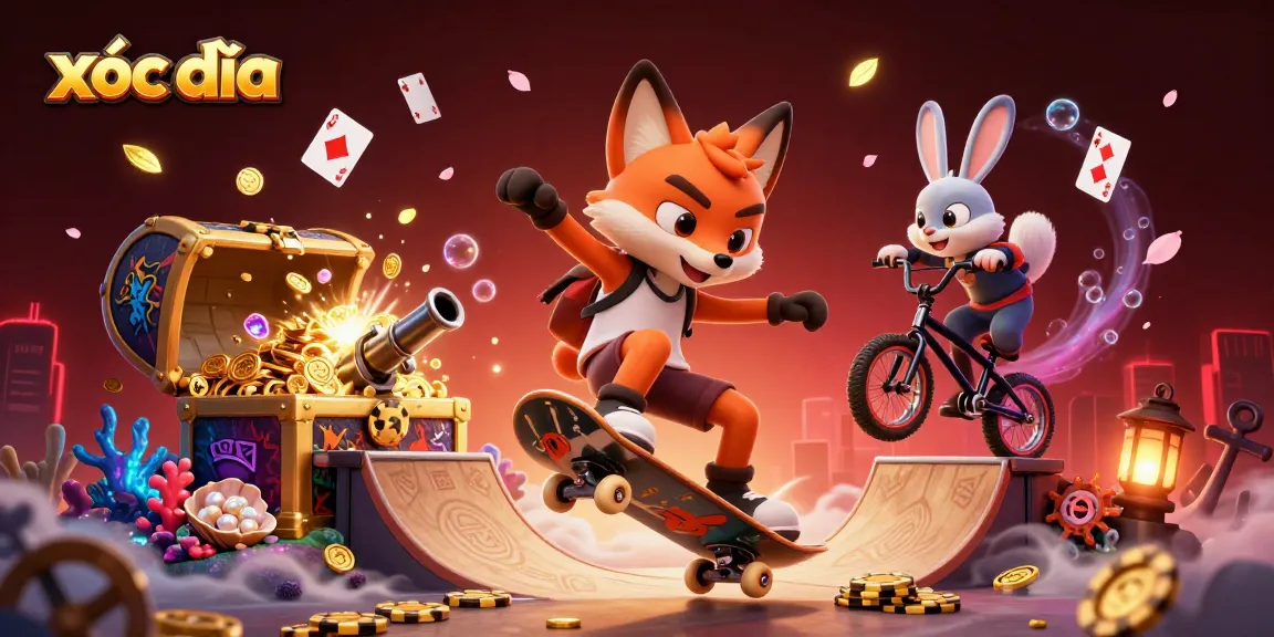 xóc đĩa game character performing tricks in a vibrant casino-themed 3D scene with treasure