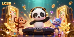 Engage with exciting LC88 games featuring vibrant 3D characters in a dynamic casino scene.