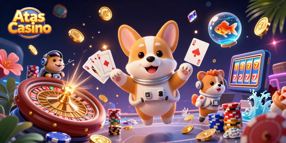 Experience Atas Casino with engaging games in a vibrant space-themed 3D illustration.