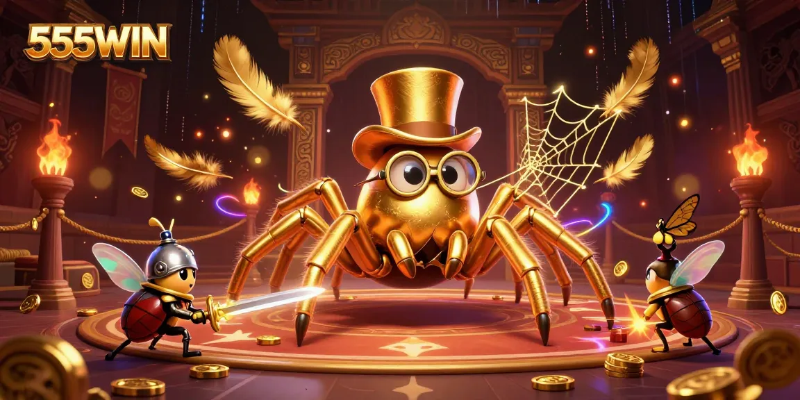 Engage with 555WIN's thrilling casino atmosphere featuring a golden tarantula and beetle knight.
