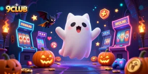 Experience the thrill of 9CLUB with a lively ghost cat, bat, and glowing jack-o-lanterns in a haunted casino.