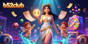 Engage with b52club’s vibrant casino experience featuring a goddess and Cupid-like characters amidst a dynamic lottery scene.
