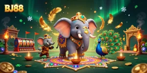 BJ88 captures the vibrant energy of an online casino with Diwali-themed characters amid games and golden symbols.