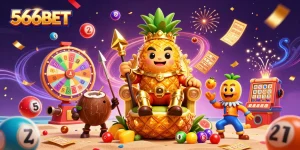 Engage with the thrilling 566BET experience featuring colorful casino elements and characters in an energetic scene.