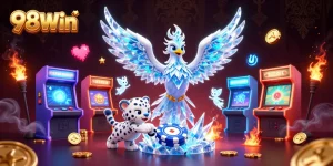 Experience thrilling gaming action at 98Win with colorful characters and vibrant casino elements.