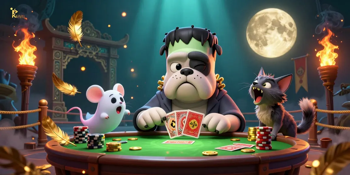 KUWIN casino's Frankenstein bulldog monster deals cards amid dynamic gaming elements and gold coins.