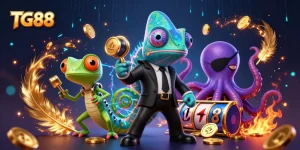 Experience the thrill of TG88 with a vibrant chameleon and friends amidst casino delights.