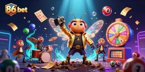 Engage with 86 bet in a vibrant casino-themed scene featuring dynamic characters and colorful gaming elements.