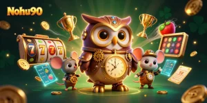 Experience the excitement of Nohu90 with a steampunk owl and dynamic slot game elements.
