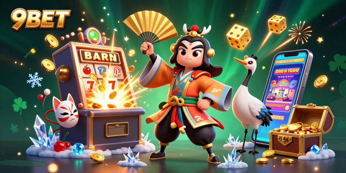 Engage with 9BET's vibrant casino scene featuring a kabuki warrior and thrilling game moments.