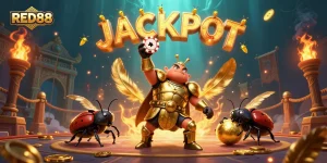 Engage with RED88 in an exciting casino atmosphere featuring vibrant characters and gold elements.