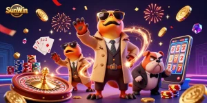 Experience thrilling gameplay at SunWin with a dynamic 3D casino scene featuring raptors in disguise.