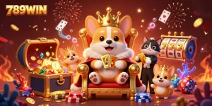 Feel the excitement at 789WIN with a royal corgi and enticing slot reels in this dynamic casino scene.