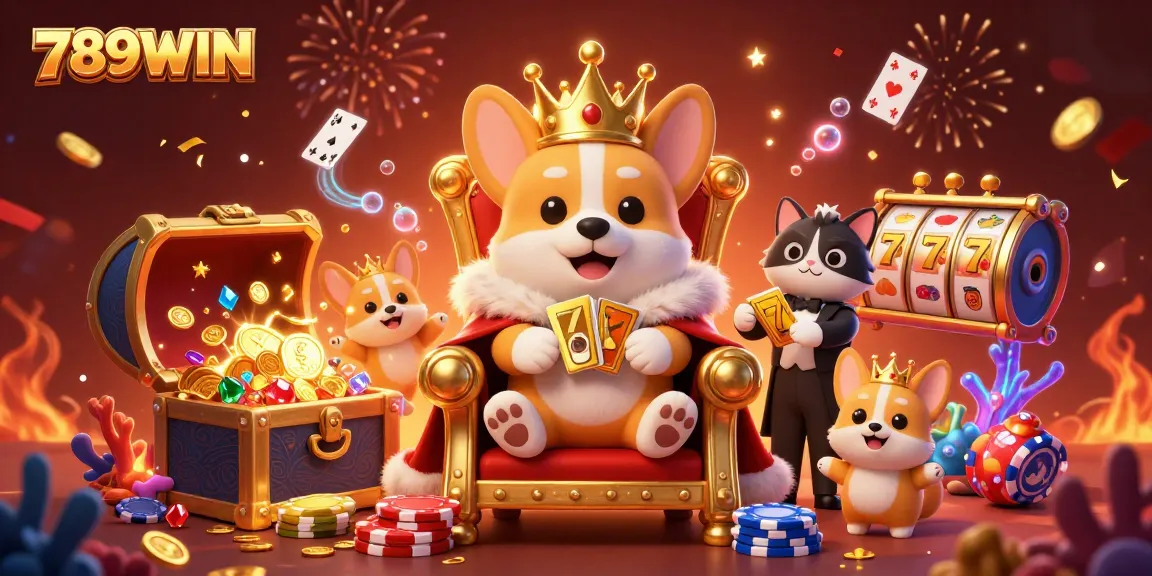 Feel the excitement at 789WIN with a royal corgi and enticing slot reels in this dynamic casino scene.