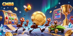 CM88 showcases a vibrant heist scene with ants and slot elements emphasizing playful gaming action.