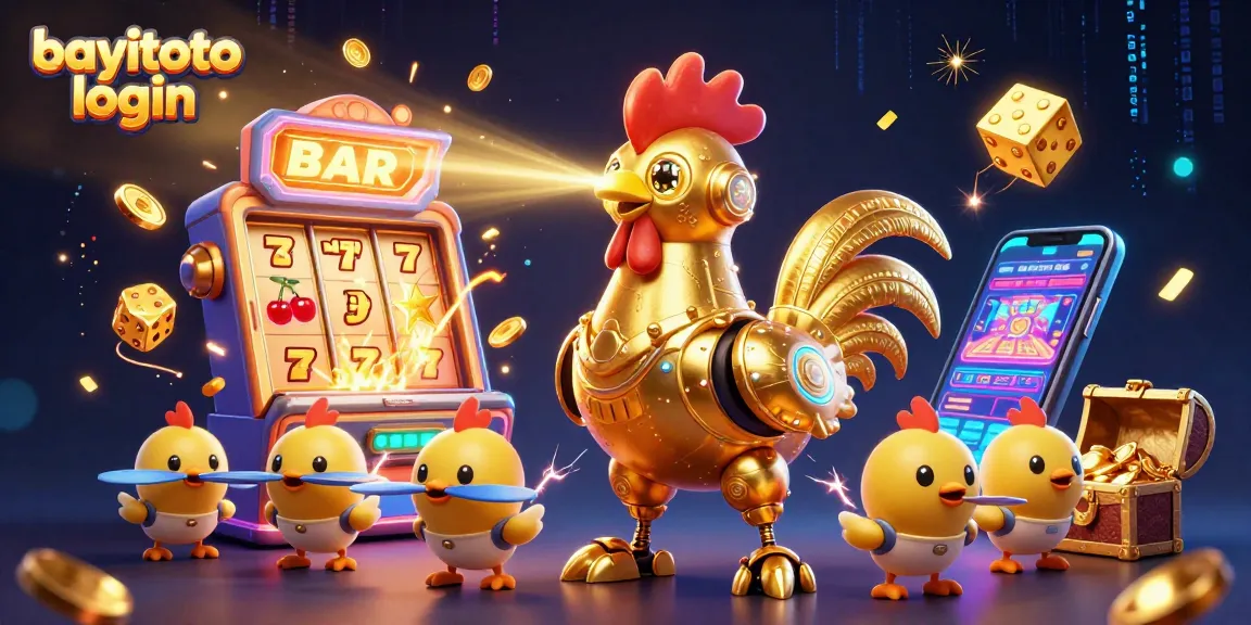 Engage with bayitoto login features in a vibrant 3D casino illustration showcasing slot machines and dynamic gameplay elements.