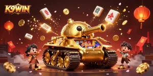 K9WIN's engaging 3D cartoon casino scene with a golden beetle tank and festive elements.