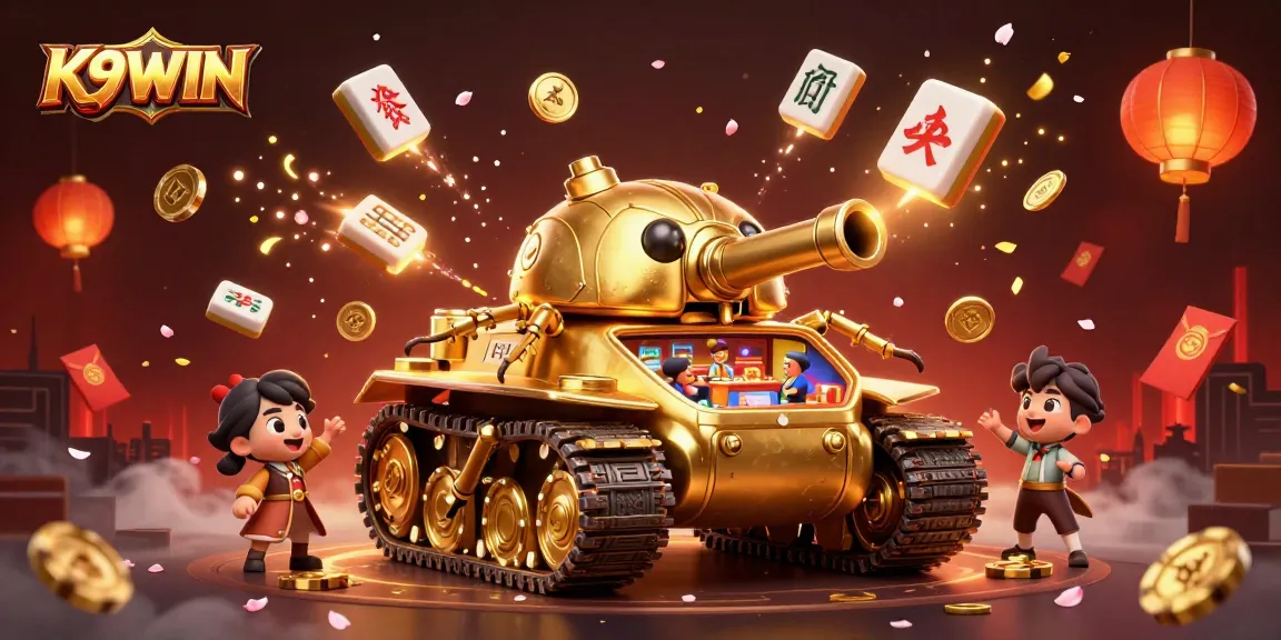 K9WIN's engaging 3D cartoon casino scene with a golden beetle tank and festive elements.
