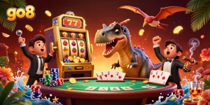 go8 jackpot scene with dinosaur characters celebrating coins and slots in an exciting casino atmosphere