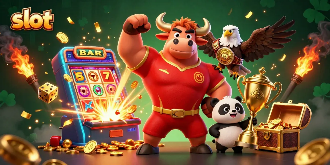 Spin slot machines and unlock jackpots with a cheerful panda, bull mascot, and eagle in action.